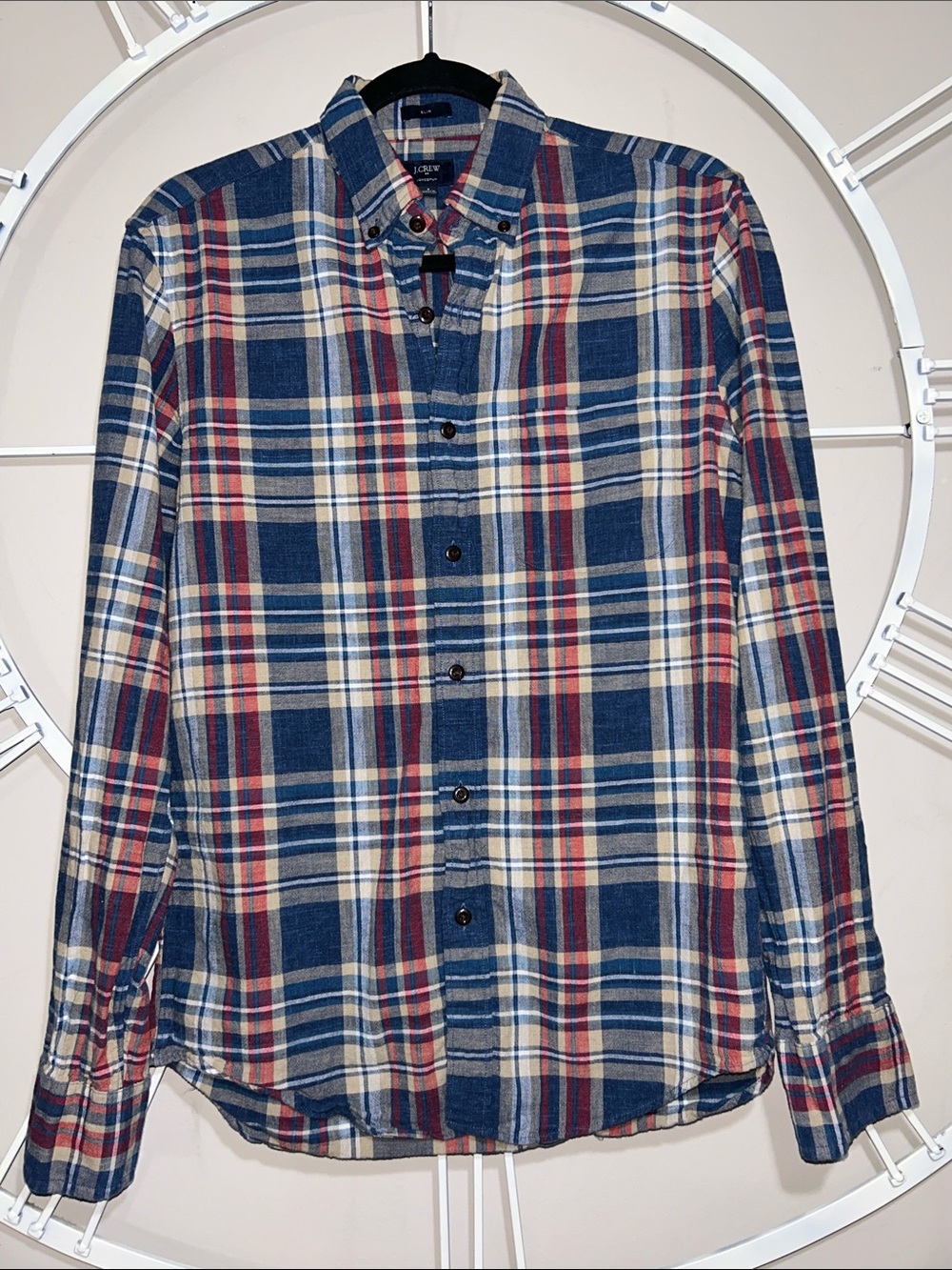 J. Crew Slim Fit Blue, Red and Cream Plaid Button-Down Shirt